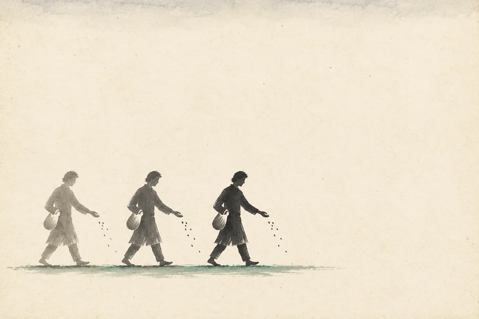 Illustration: one person sowing a bare field, shown three times pale to dark, beside the verse on act and fruit