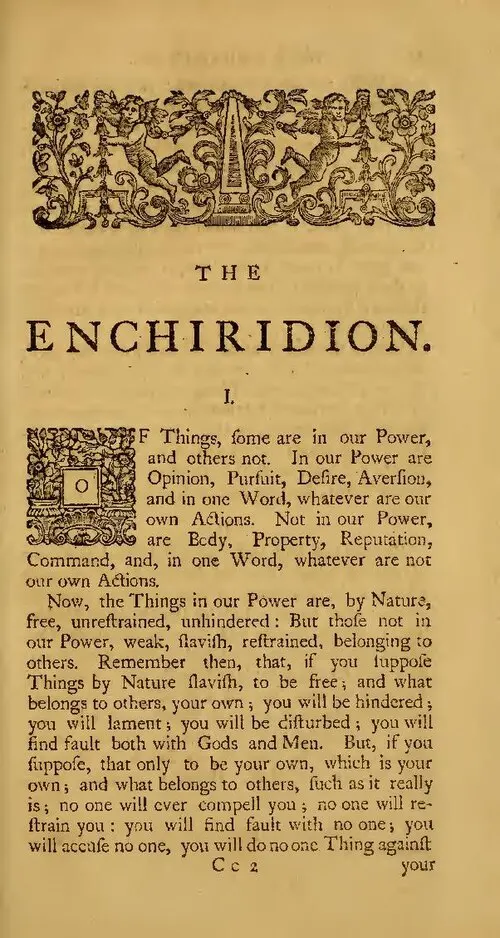 Printed page headed The Enchiridion, chapter 1, opening with the two lists of things, 1759 Dublin printing
