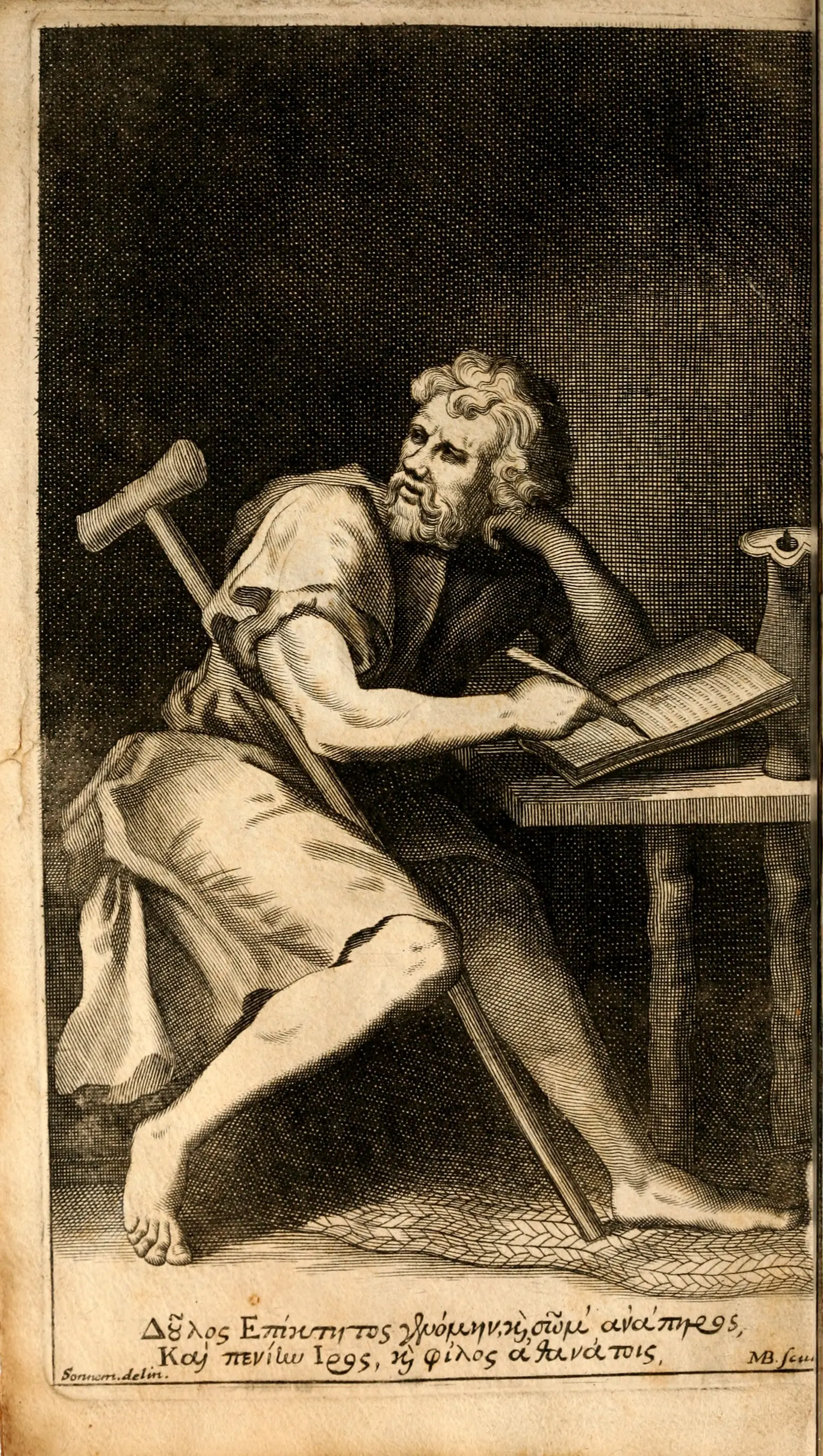 Engraving of a bearded man with a crutch writing at a table, a Greek couplet below, from a 1715 Oxford book