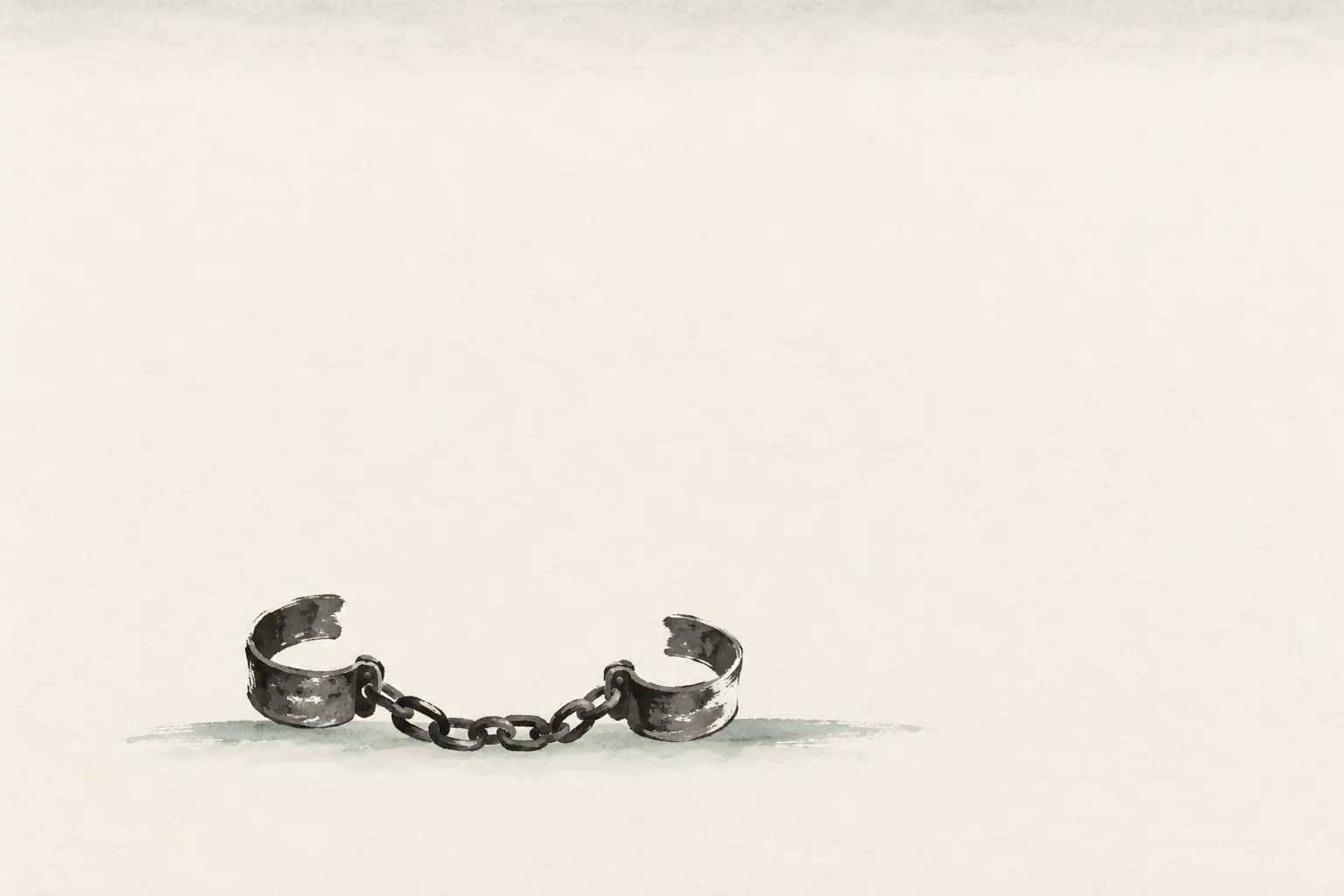 Illustration: an open, empty iron leg fetter on a bare floor, for the fettered leg in Discourses 1.1.23