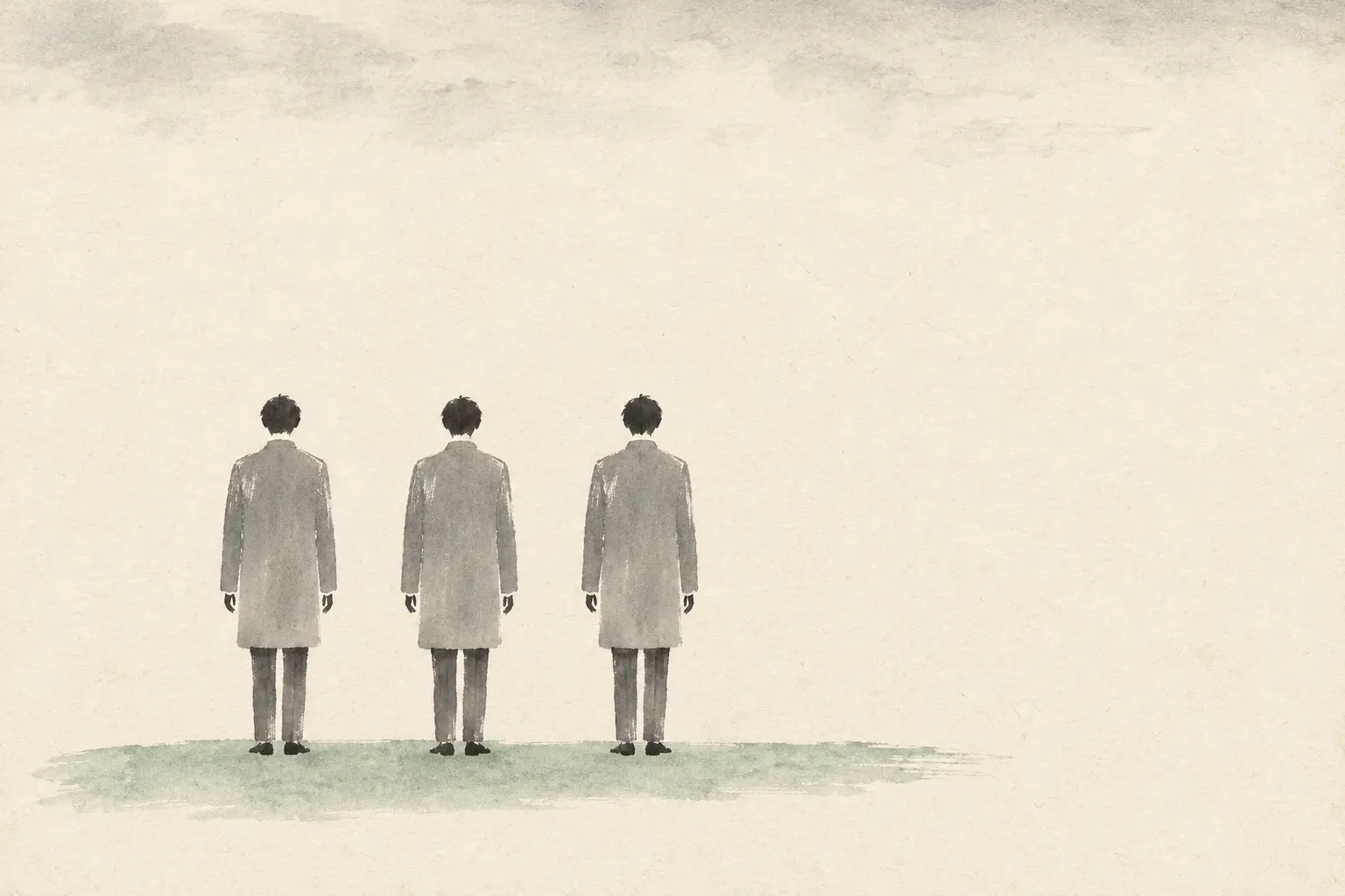 Illustration: three identical figures stand side by side, seen from behind, picturing the puzzle's three gods