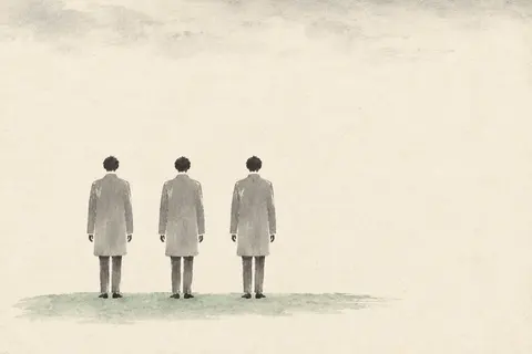 Illustration: three identical figures stand side by side, seen from behind, picturing the puzzle's three gods