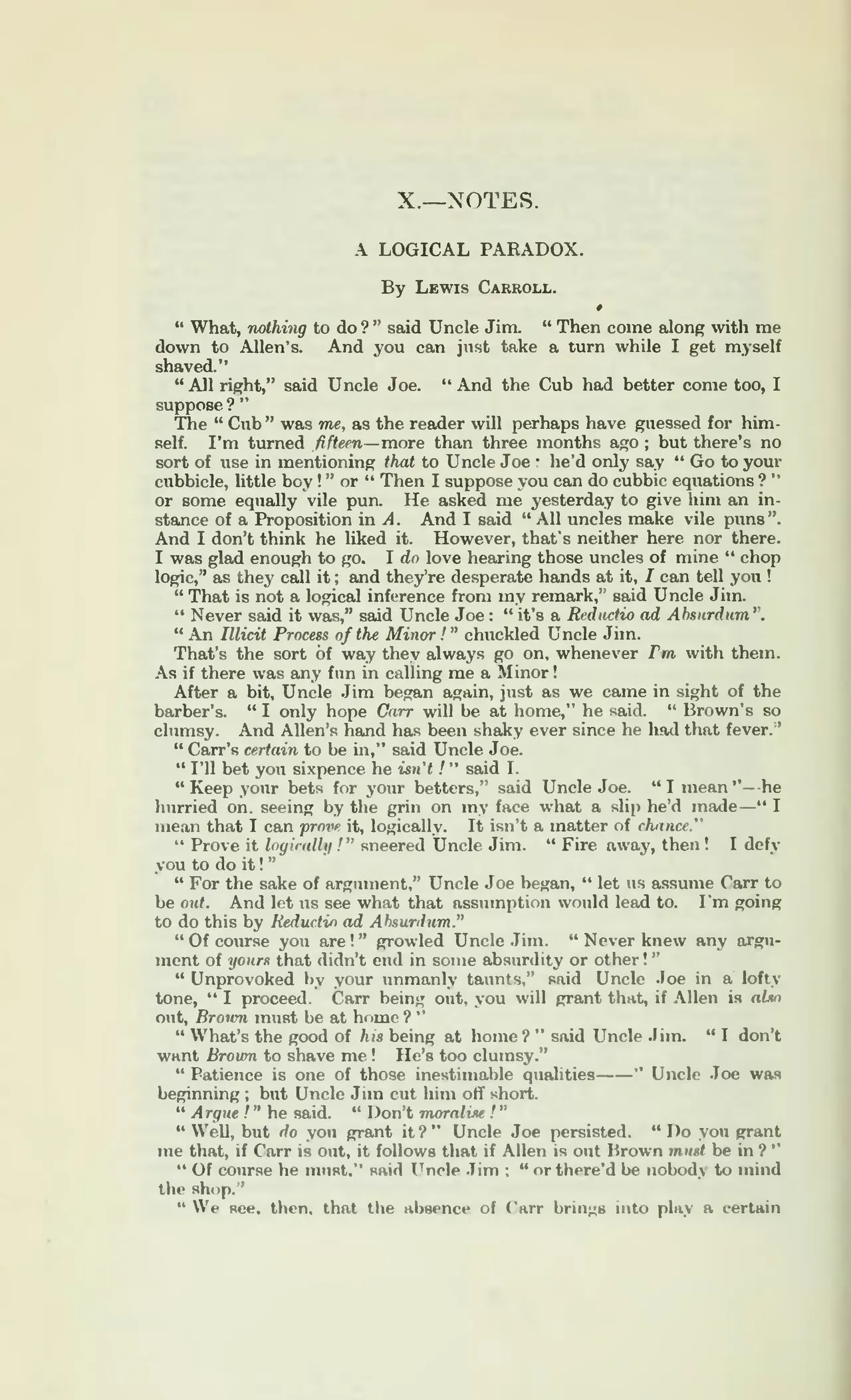 Printed journal page headed A Logical Paradox, by Lewis Carroll, opening with a dialogue between Uncle Jim and Uncle Joe