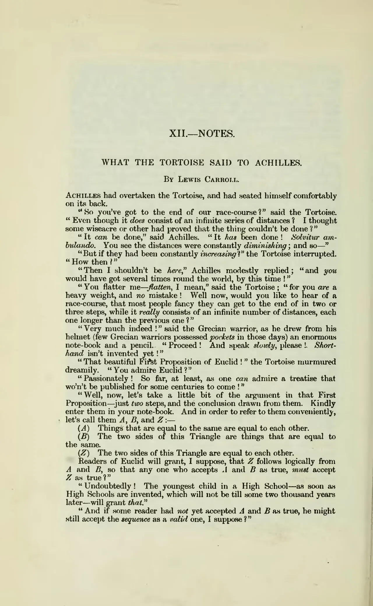 Printed journal page headed What the Tortoise Said to Achilles, by Lewis Carroll