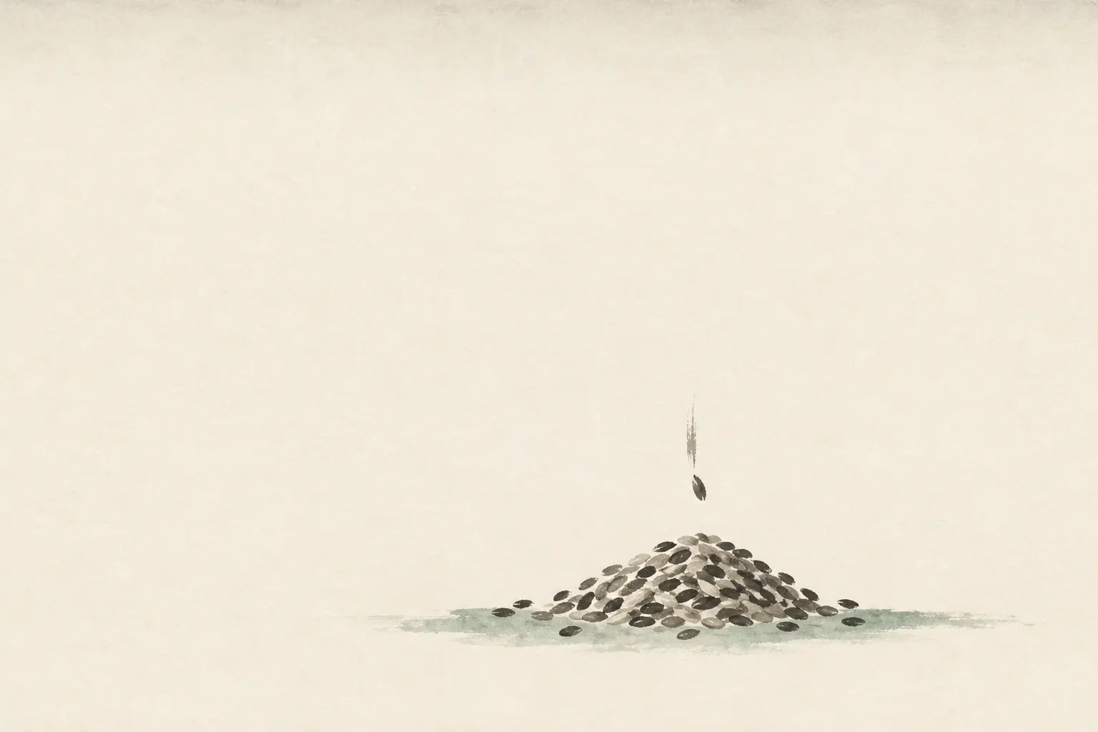 Illustration: a small heap of wheat grains with one more falling, for the sorites step of adding one grain