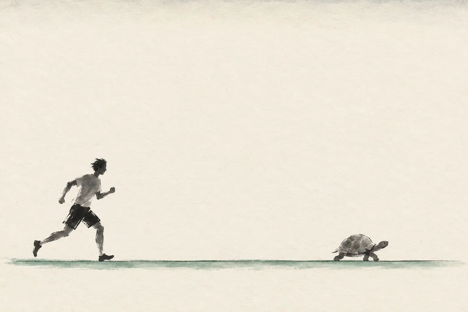 Illustration: a runner and a small tortoise heading the same way along one line, for Achilles and the tortoise