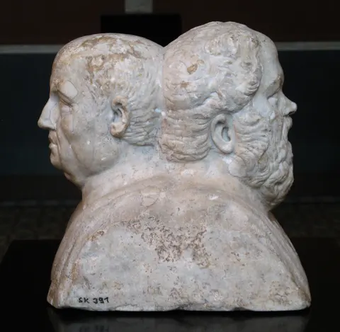 Roman marble double herm of Socrates and Seneca, 3rd century CE, seen from the side with the two heads back to back