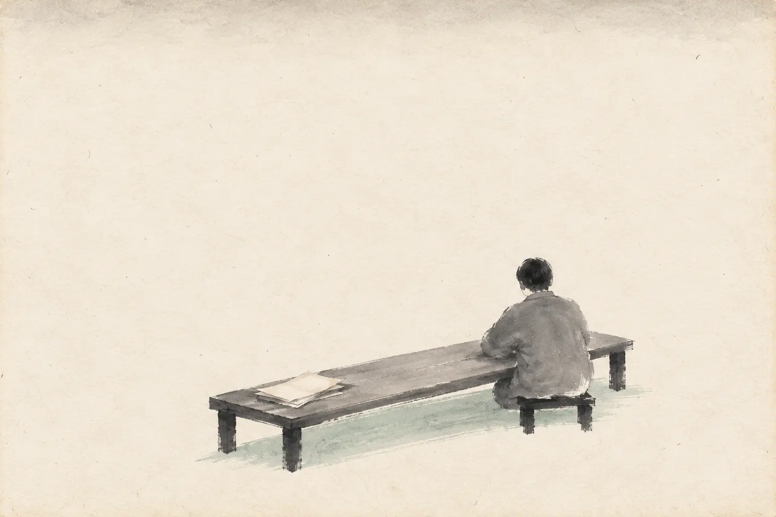 Illustration: a person at one end of a long table, loose unbound sheets at the other, for the Epictetus fragments