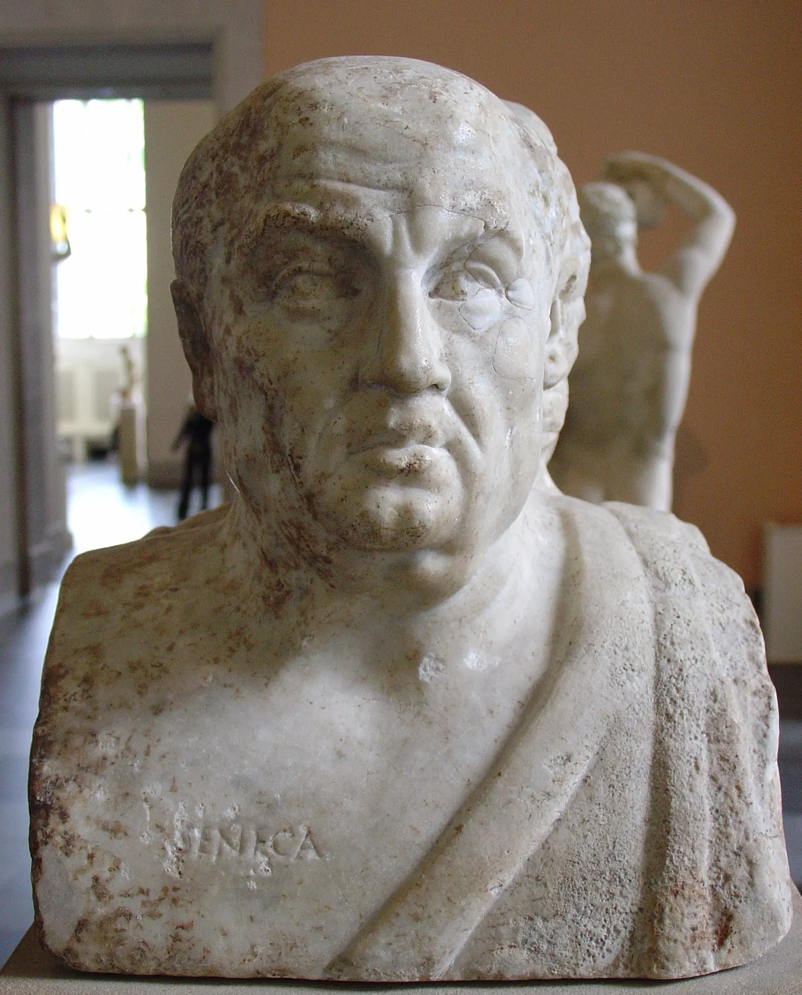 Marble herm of Seneca from the Socrates and Seneca double herm in Berlin, with his name cut into the chest
