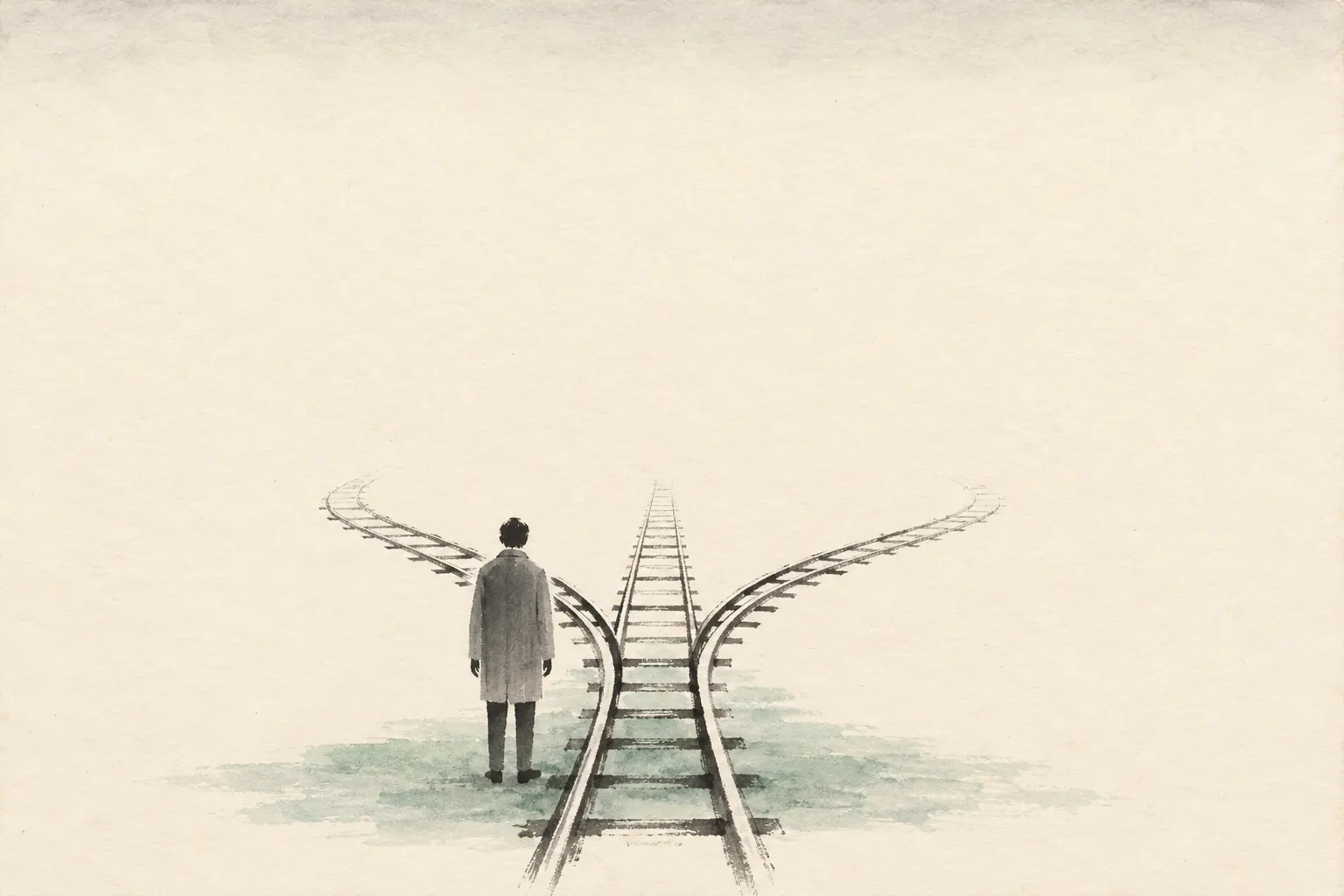Illustration: a person seen from behind beside a track that splits into three, for Thomson's three-option case