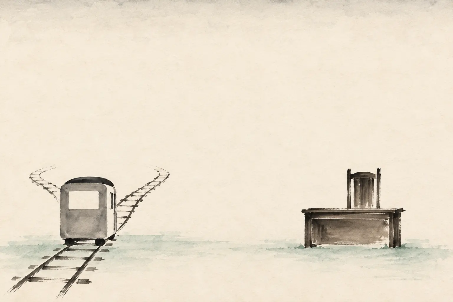 Illustration: a tram before a fork in its track and an empty judge's desk, for Foot's two paired cases