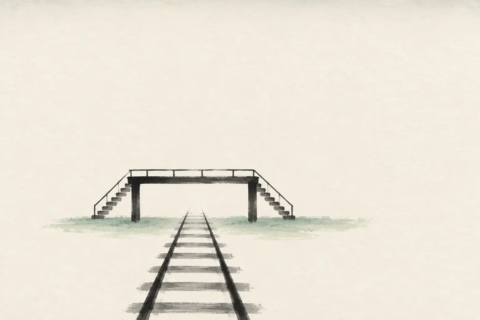 Illustration: an empty footbridge over a single railway track, setting the scene for the footbridge case