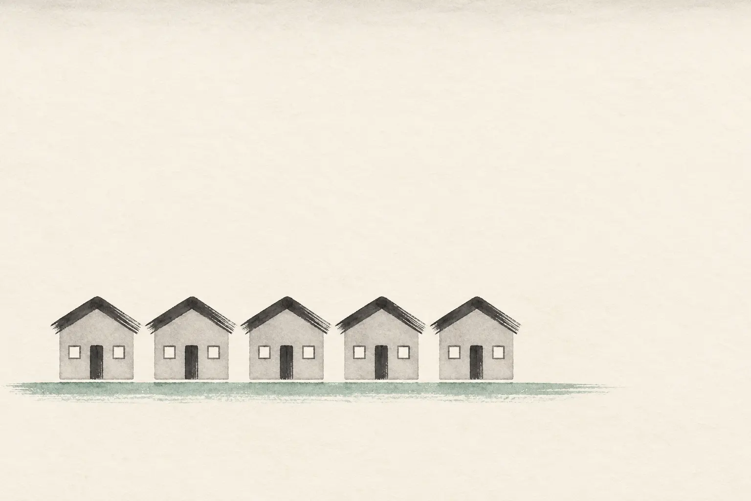 Illustration: five identical houses in a row seen from the front, the puzzle's five houses, none set apart