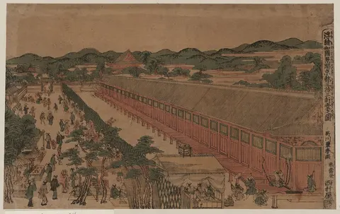 Edo-period print of the long Sanjūsangendō hall in Kyoto, with archers at one end and crowds in the grounds