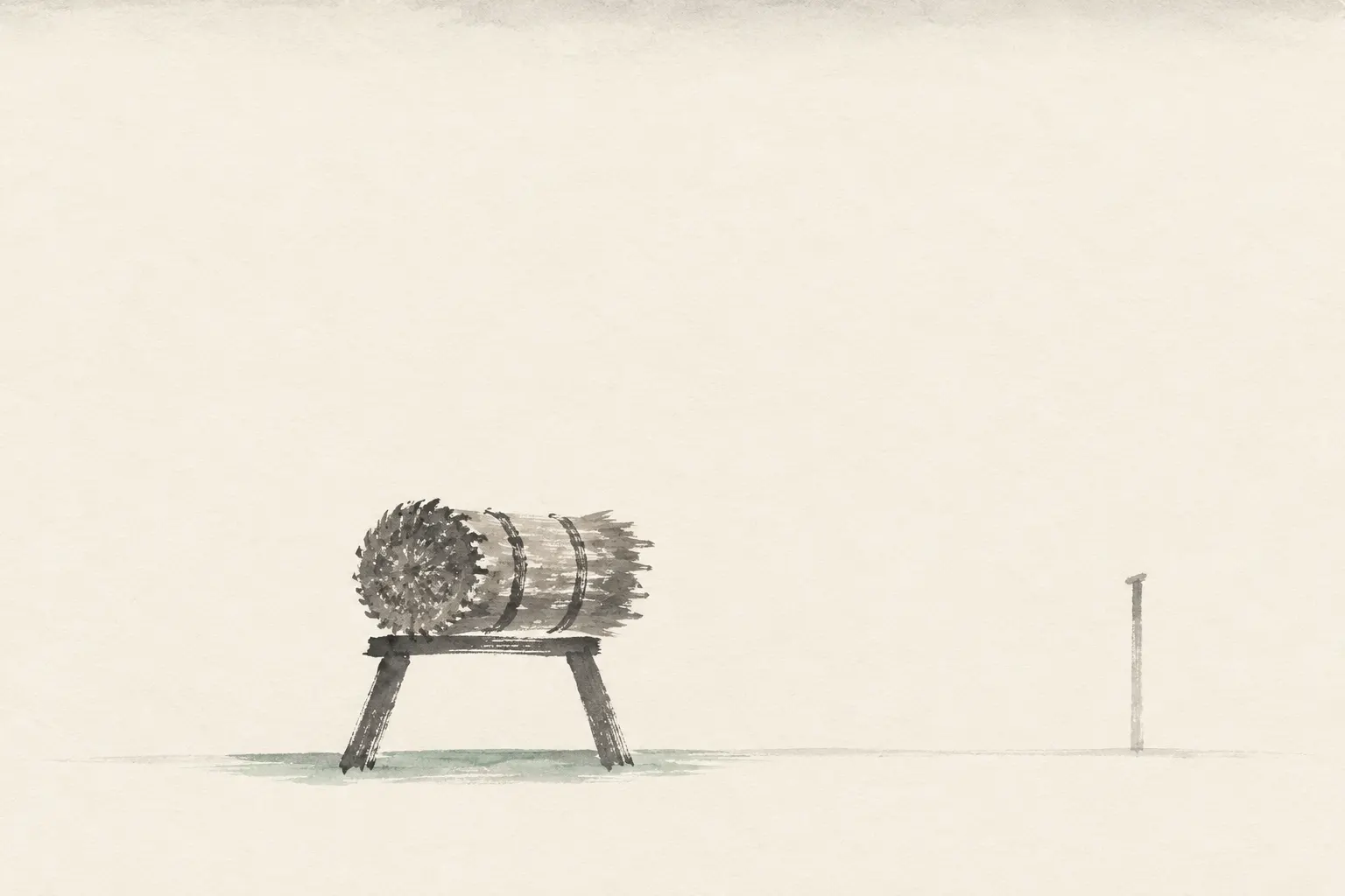 Illustration: a straw bale on a wooden stand in an empty hall, the kind Herrigel shot at for three years
