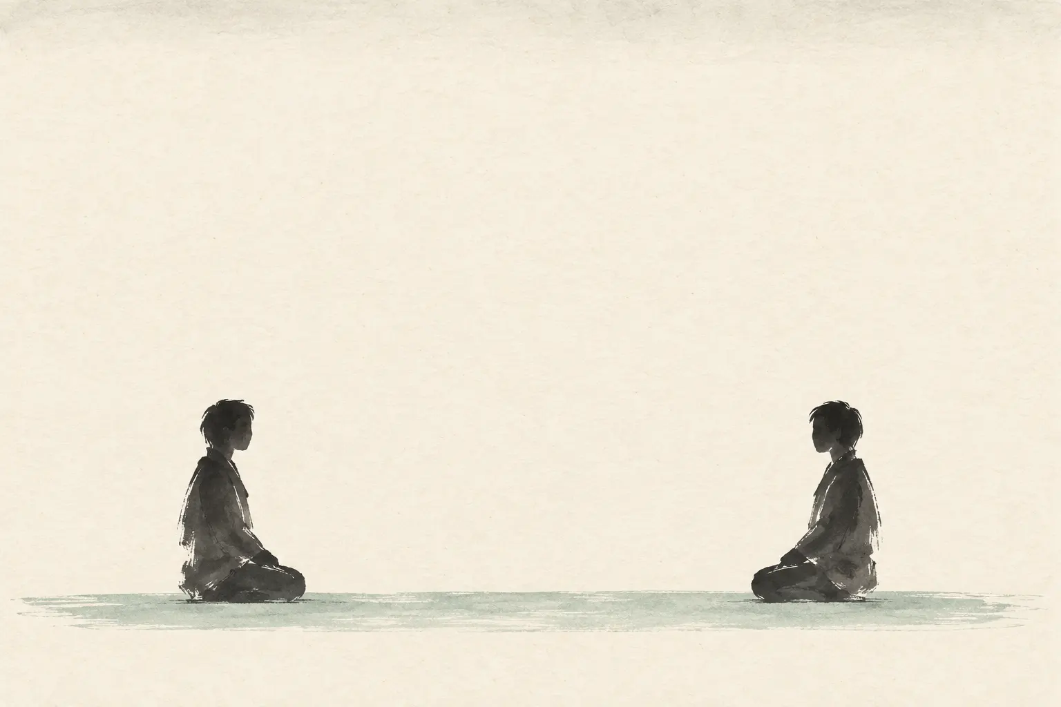Illustration: two people kneeling far apart in an empty hall, for lessons that needed an interpreter